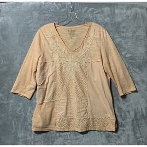 Chico's Shirt Women 1 (8/M) Peach Patchwork Embroidered Lace Boho 3/4 Sleeve Top
